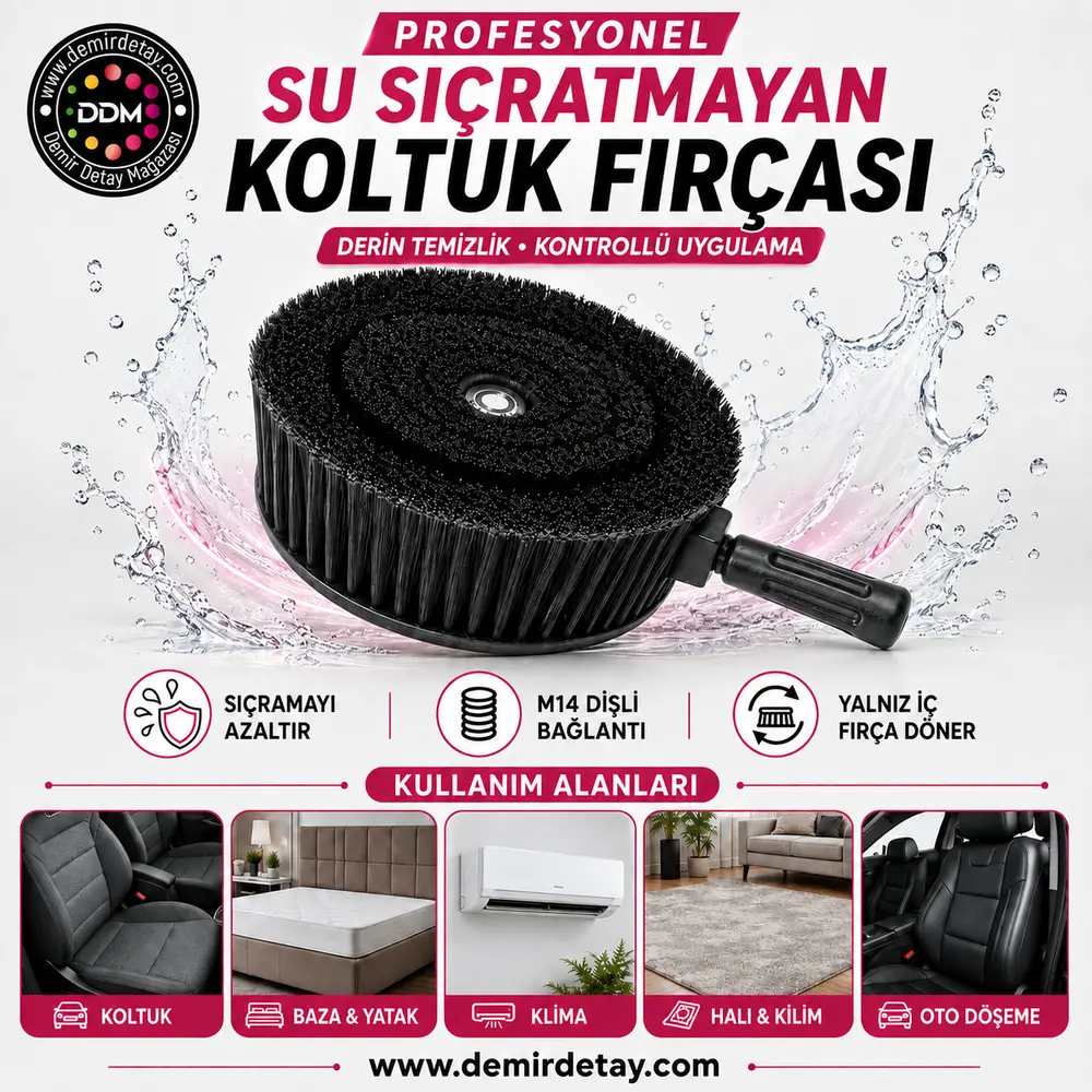 DDM Su Sıçratmayan Döner Koltuk Yıkama Fırçası | Polisaj ve Matkap Uyumlu Profesyonel Temizlik Fırçası