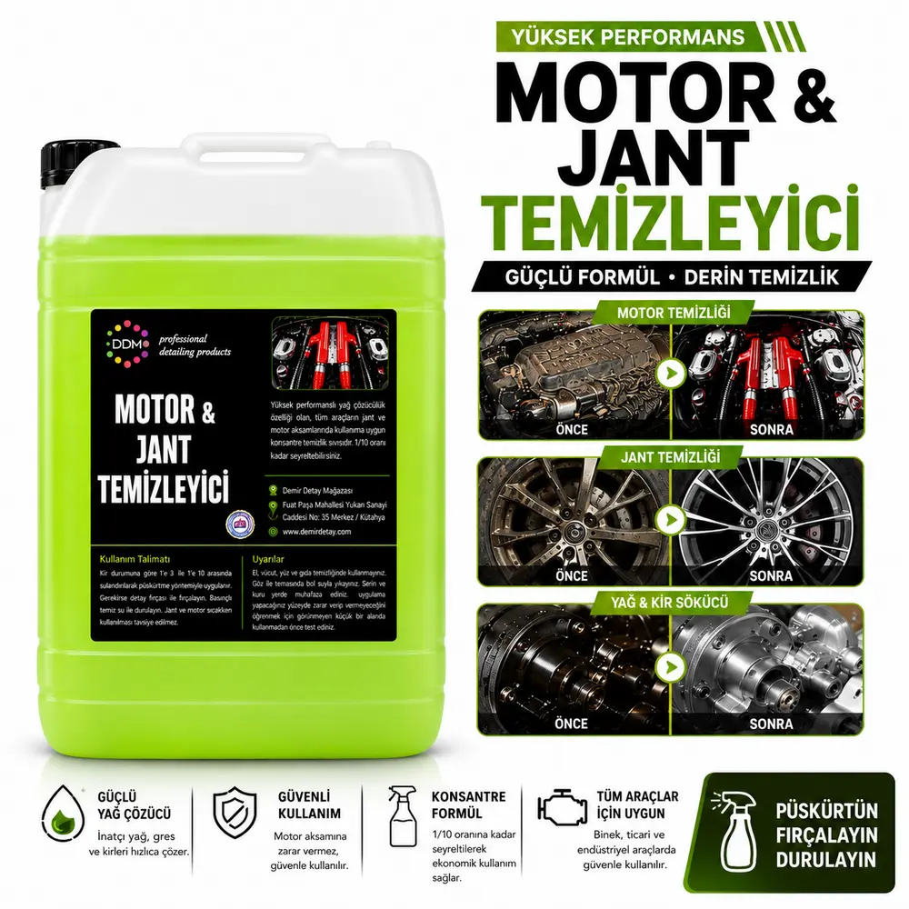 DDM Motor ve Jant Temizleyici Konsantre 22 Lt | Güçlü Yağ, Kir ve Balata Tozu Temizleyici
