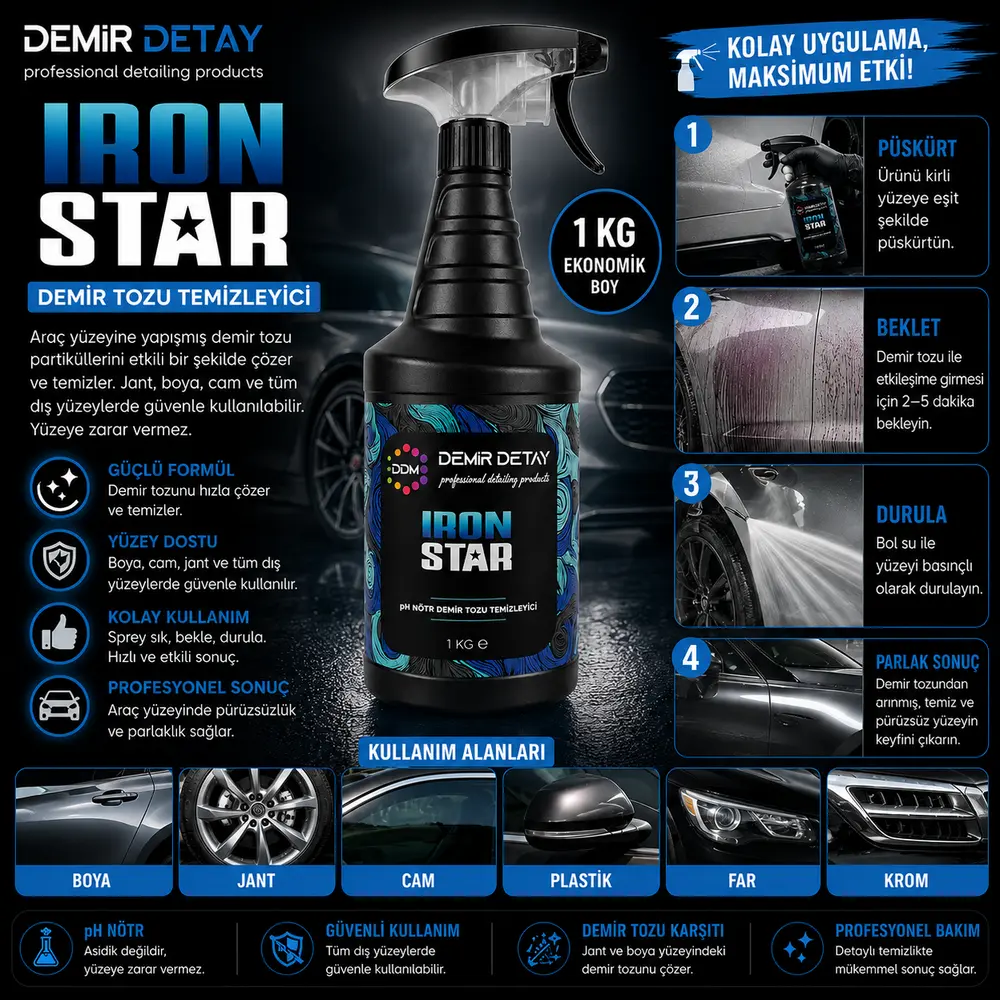 DDM IronStar pH Nötr Demir Tozu Temizleyici 1000 ml | Jant ve Boya Balata Tozu Temizleyicisi