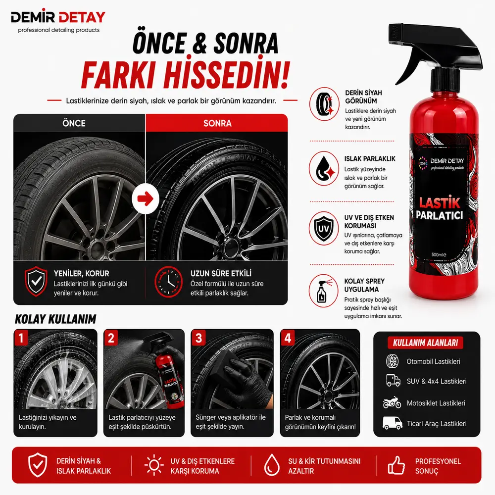 DDM Lastik Parlatıcı Sprey 500 ML | Islak Görünüm ve Derin Siyahlık