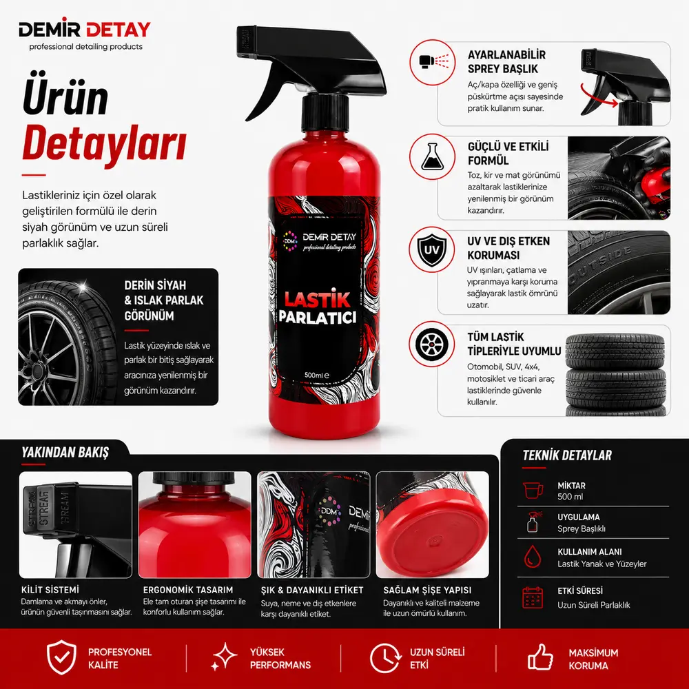 DDM Lastik Parlatıcı Sprey 500 ML | Islak Görünüm ve Derin Siyahlık