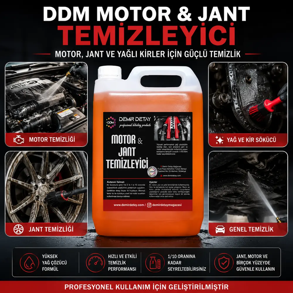 DDM Motor ve Jant Temizleyici Konsantre 5 Lt | Güçlü Yağ, Kir ve Balata Tozu Temizleyici