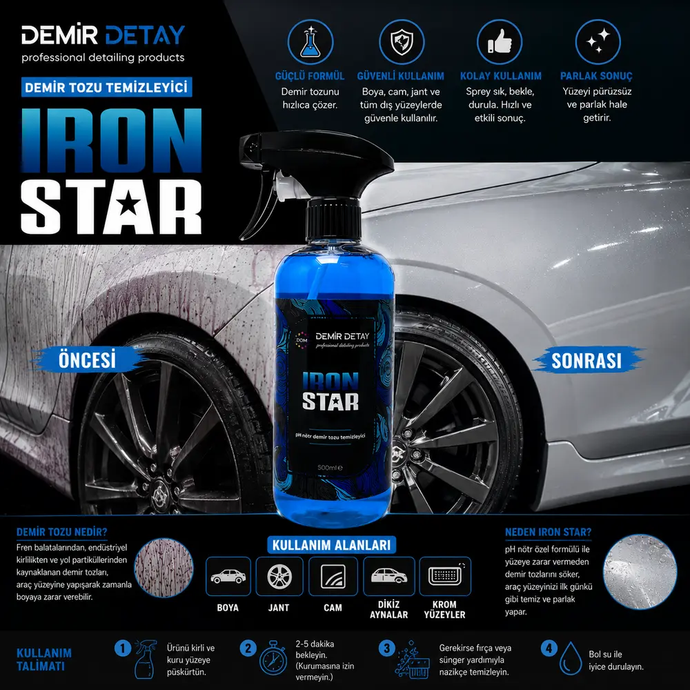 DDM IronStar pH Nötr Demir Tozu Temizleyici 500 ml | Jant ve Boya Dekontaminasyon Temizleyicisi