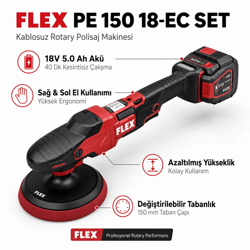 FLEX PE 150 18-EC Set Rotary Çift Akülü Kablosuz Polisaj Makinesi 18V | Fırçasız Motorlu Set