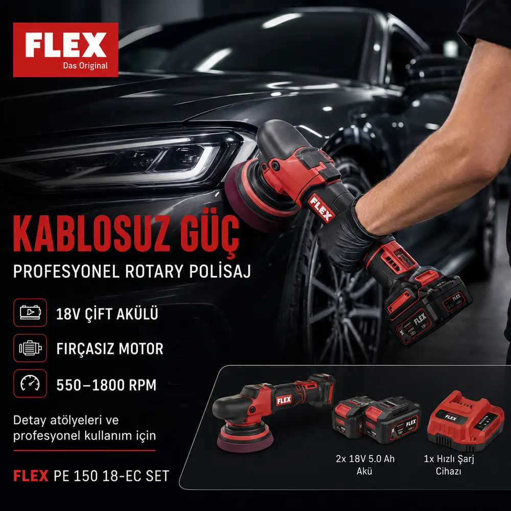 FLEX PE 150 18-EC Set Rotary Çift Akülü Kablosuz Polisaj Makinesi 18V | Fırçasız Motorlu Set