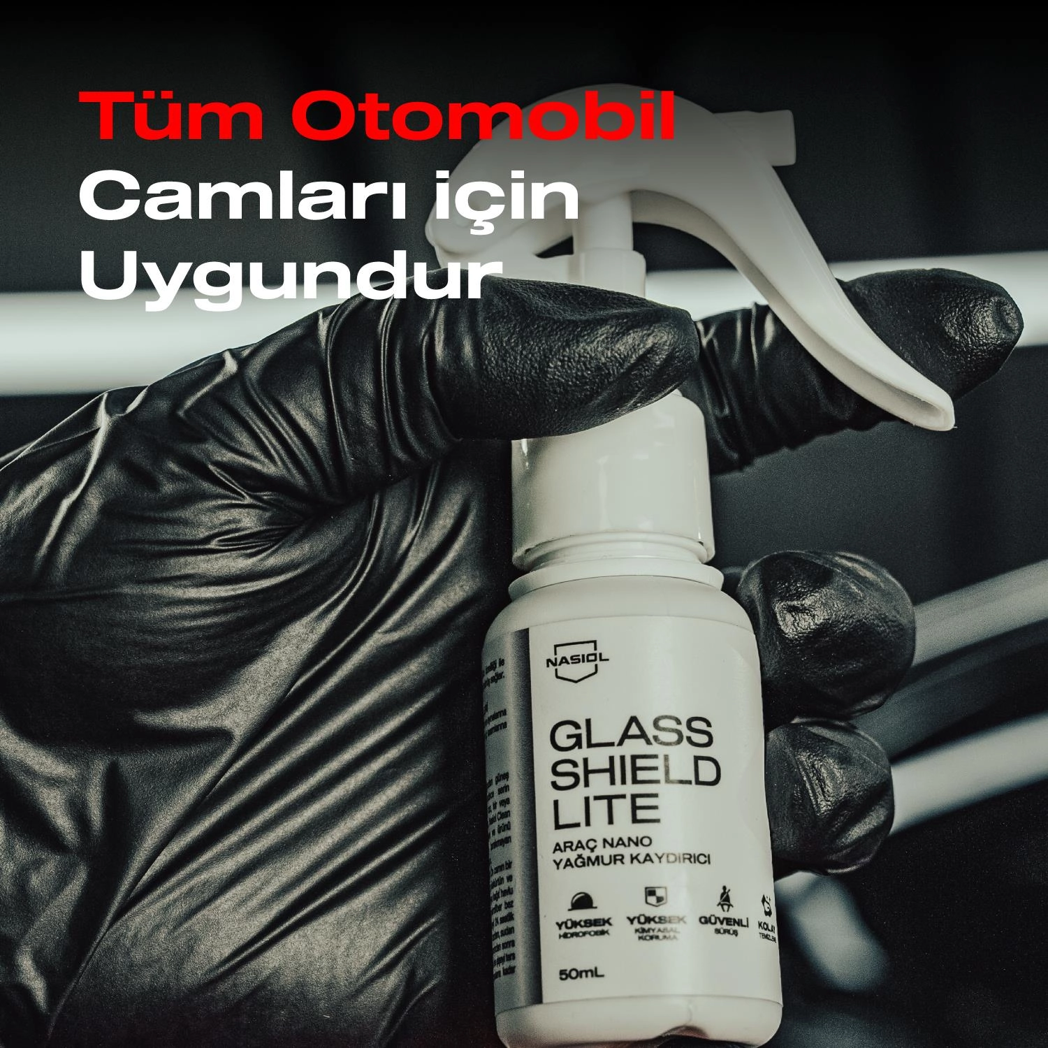 Nasiol Glasshield Lite Nano Yağmur Kaydırıcı-Cam Yüzey Seramik Kaplama Spreyi-1 Yıl Dayanım-50ml