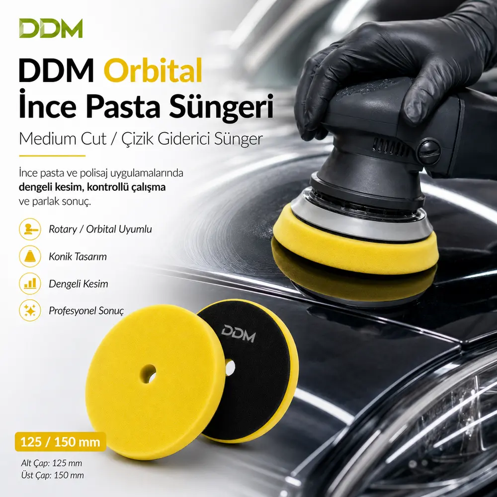 DDM Orbital İnce Pasta Süngeri 125/150 mm | Medium Cut Polisaj Pedi ve Çizik Giderici Sünger
