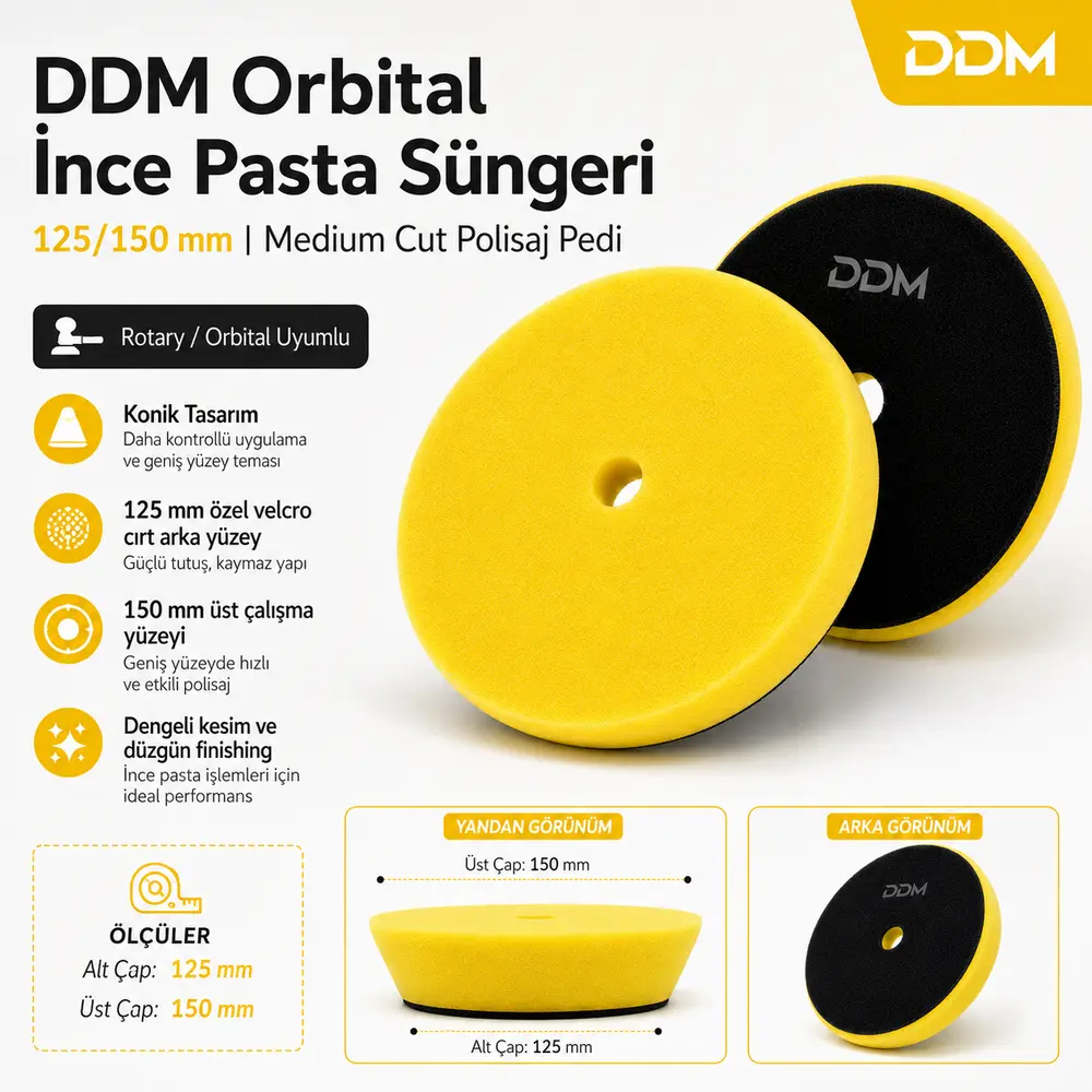 DDM Orbital İnce Pasta Süngeri 125/150 mm | Medium Cut Polisaj Pedi ve Çizik Giderici Sünger