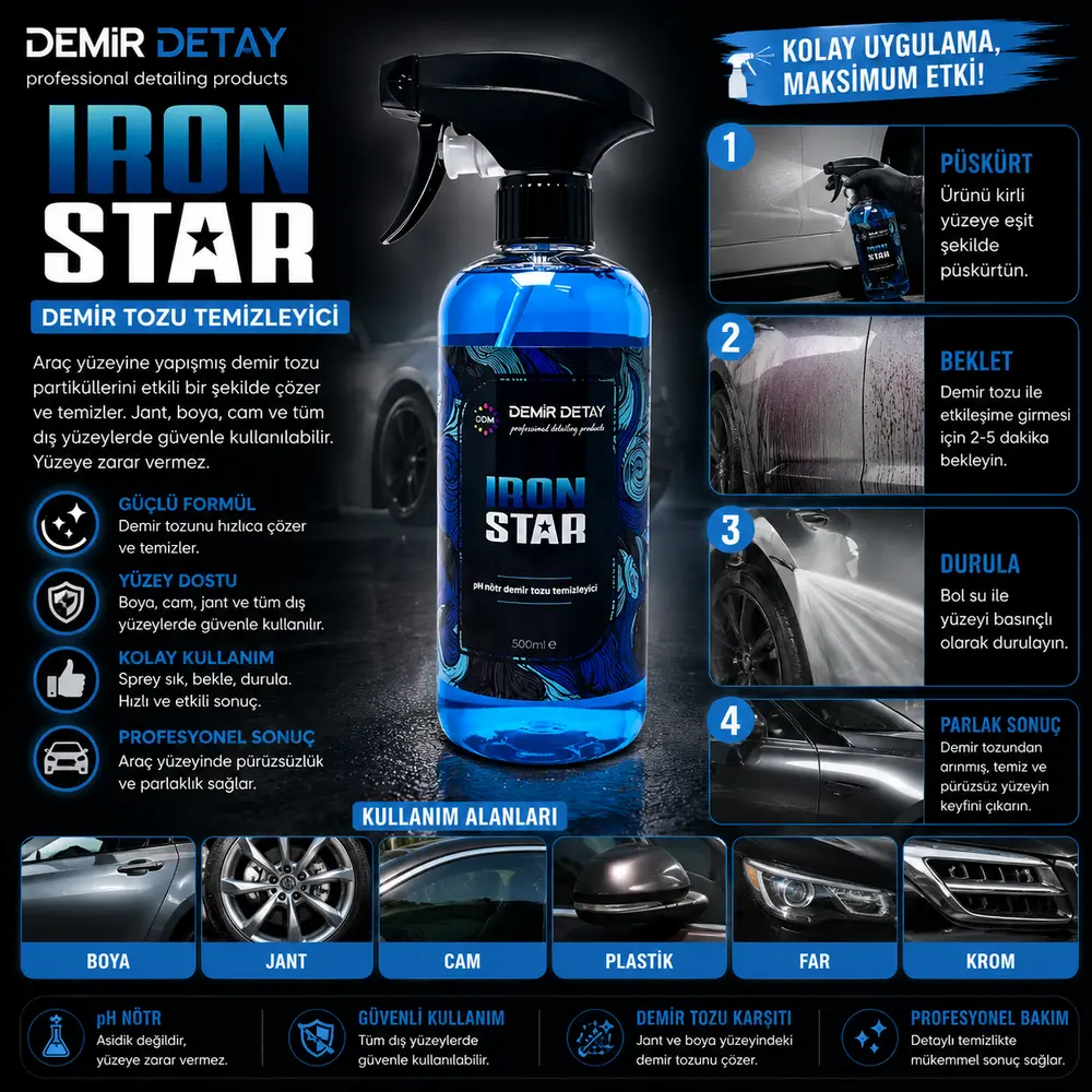 DDM IronStar pH Nötr Demir Tozu Temizleyici 500 ml | Jant ve Boya Dekontaminasyon Temizleyicisi