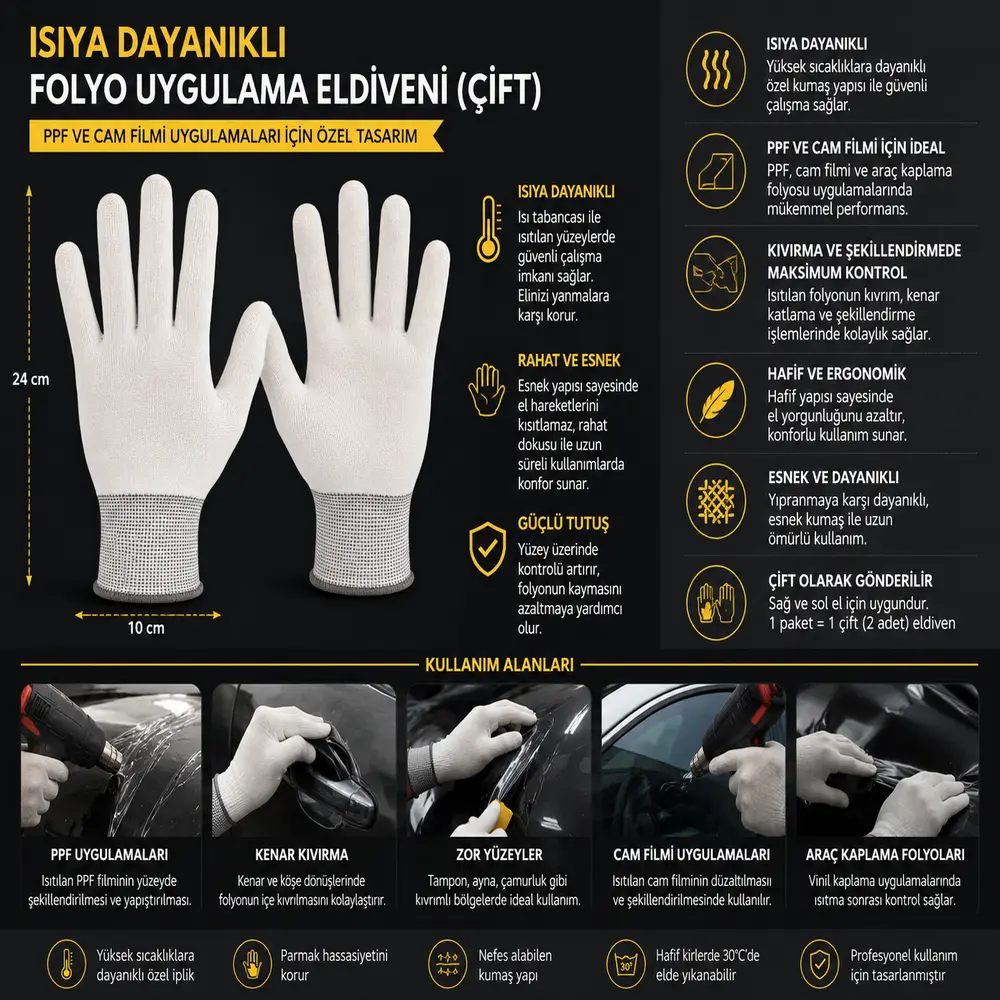 DDM Isıya Dayanıklı Folyo Uygulama Eldiveni (Çift) | PPF ve Cam Filmi Eldiveni
