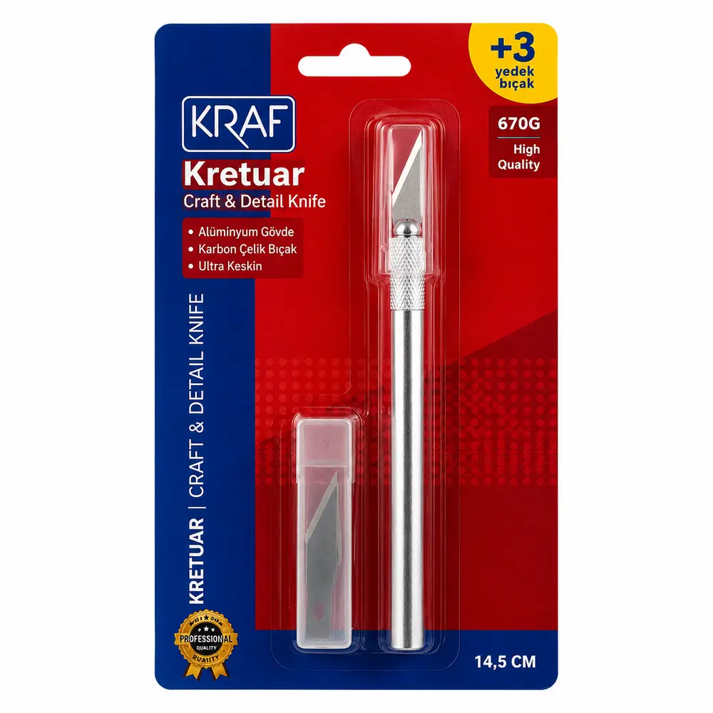 KRAF Kretuar Hassas Kesim Bıçağı 14,5 cm | Alüminyum Gövde + 3 Yedek Bıçak