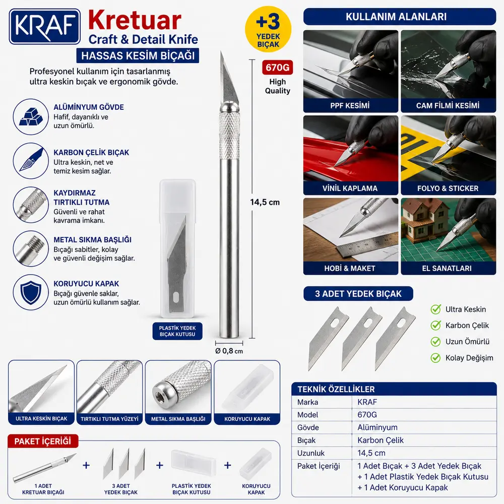 KRAF Kretuar Hassas Kesim Bıçağı 14,5 cm | Alüminyum Gövde + 3 Yedek Bıçak