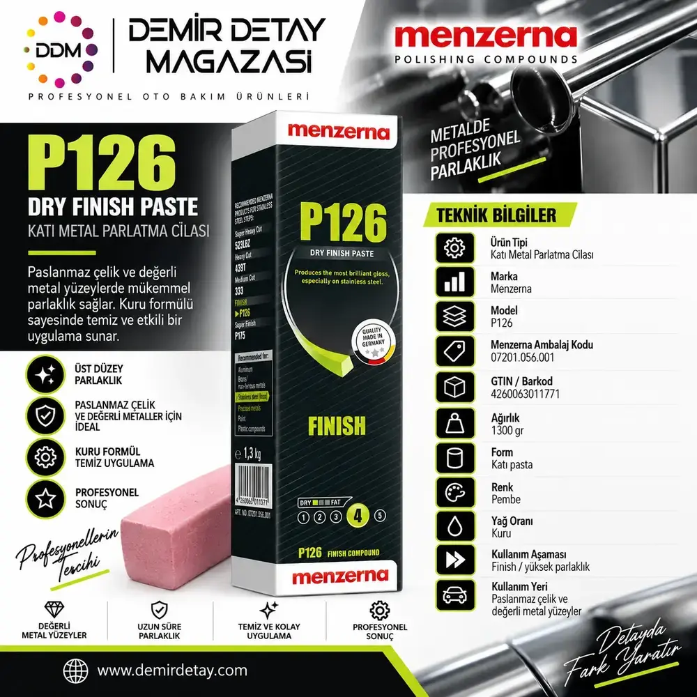 Menzerna P126 Parlatıcı Katı Cila Pembe Paslanmaz Çelik ve Değerli Metal Parlatıcı 1300 Gr
