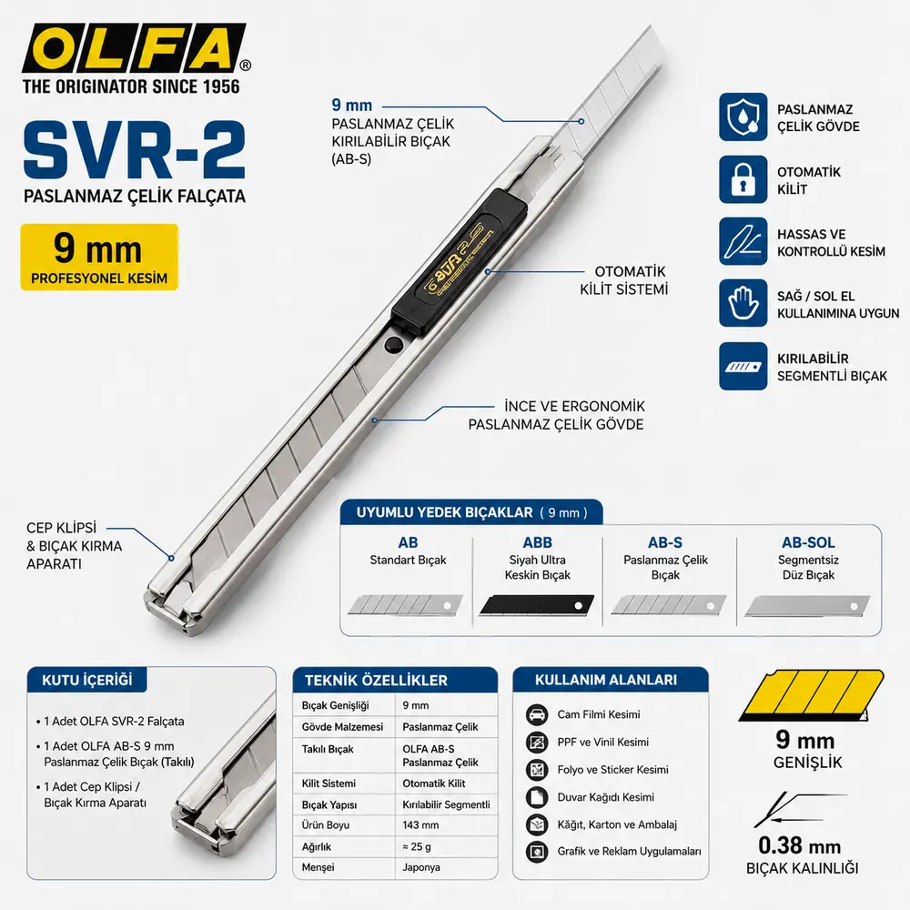 OLFA SVR-2 Paslanmaz Çelik Falçata 9 mm | Cam Filmi ve Folyo Kesim Bıçağı