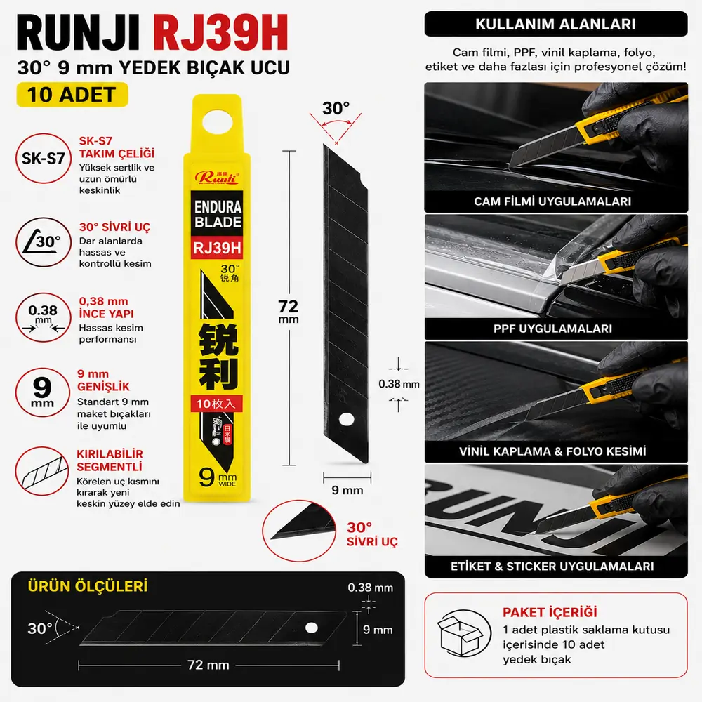 Runji RJ39H SK-S7 30° 9 mm Profesyonel Yedek Bıçak Ucu 10 Adet | Tajima Tipi Uyumlu
