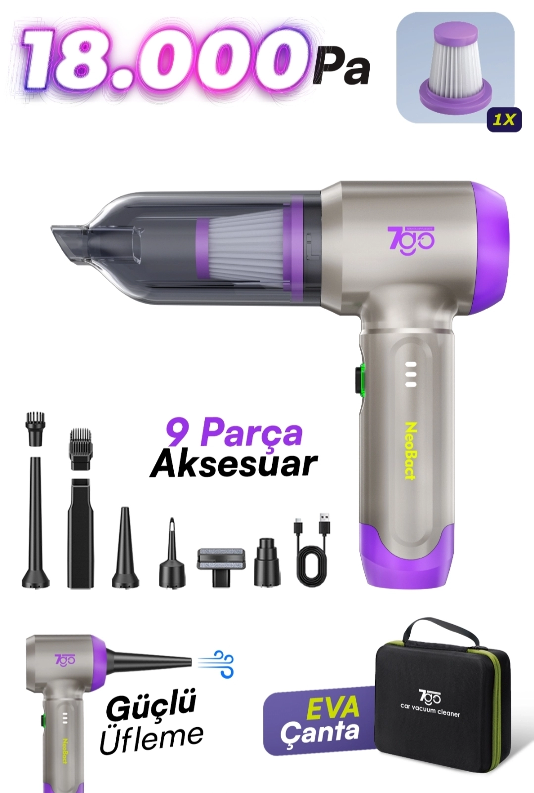 Kablosuz Araç İçi Süpürge | 18.000PA Güçlü Emiş | Fırçasız Motor | 6000mAh Batarya | Toz Üfleme & Vakum 2’si 1 Arada