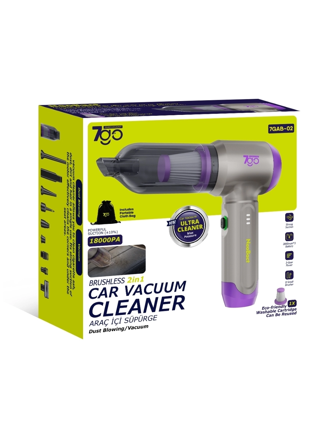 Kablosuz Araç İçi Süpürge | 18.000PA Güçlü Emiş | Fırçasız Motor | 6000mAh Batarya | Toz Üfleme & Vakum 2’si 1 Arada