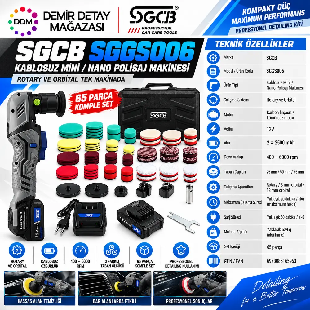 SGCB 12V Kablosuz Mini Nano Polisaj Makinesi Seti | Rotary & Orbital 65 Parça