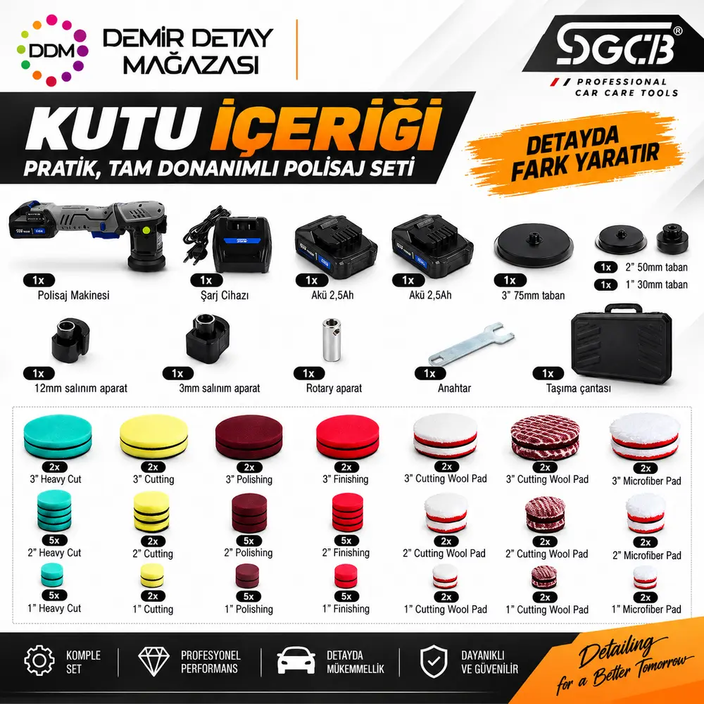SGCB 12V Kablosuz Mini Nano Polisaj Makinesi Seti | Rotary & Orbital 65 Parça