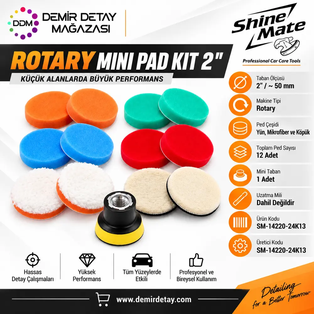 ShineMate Rotary Mini Pad Kit 50 mm Mini Polisaj Ped Seti 