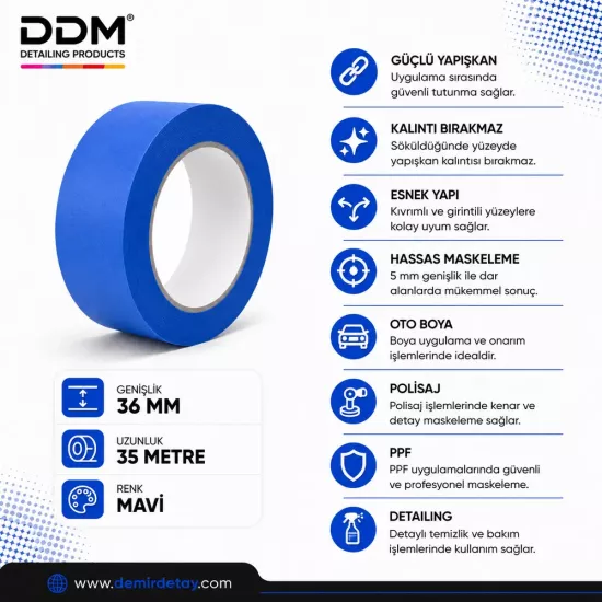 DDM 36 MM Mavi Maskeleme Bandı | Pasta Cila ve Polisaj Maskeleme Bandı
