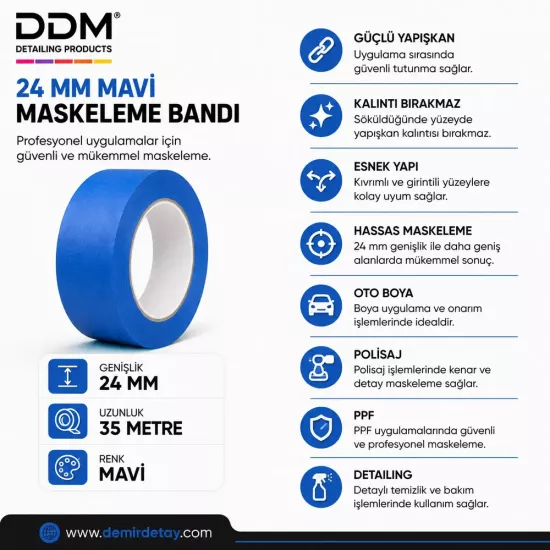 DDM 24 mm Mavi Maskeleme Bandı | Profesyonel Detailing Maskeleme Bandı