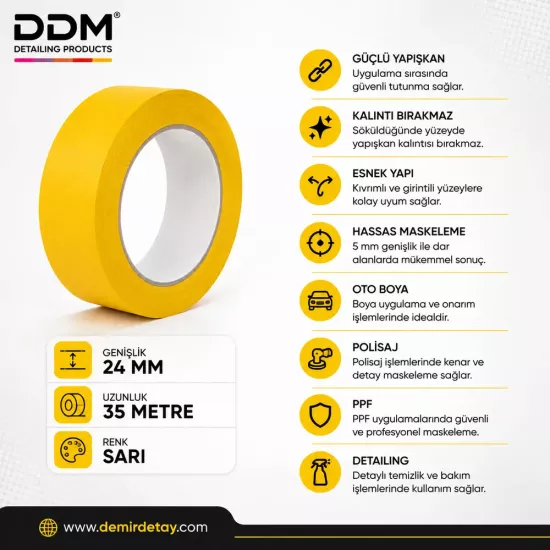 DDM 24 mm Sarı Maskeleme Bandı | Profesyonel Detailing ve Boya Bandı