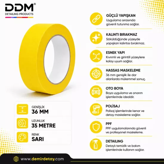 DDM 36 mm Sarı Maskeleme Bandı | Polisaj ve Boya Koruma İçin Profesyonel Bant
