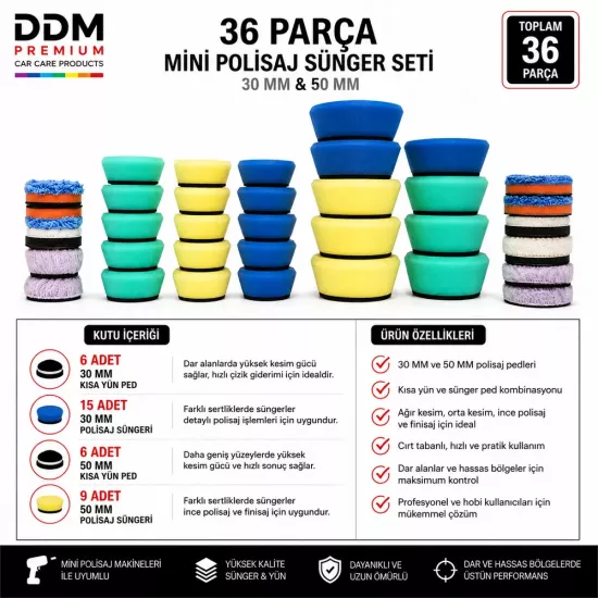 DDM 36 Parça Mini Polisaj Sünger Seti  30 ve 50 MM