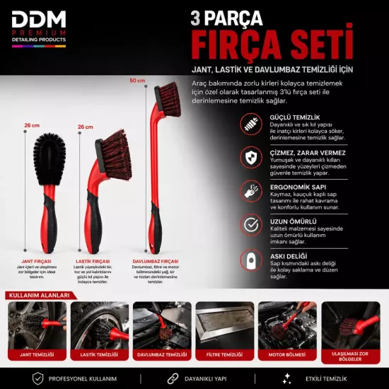 DDM Premium 3’lü Jant Fırça Seti | Jant, Lastik ve Davlumbaz Temizliği