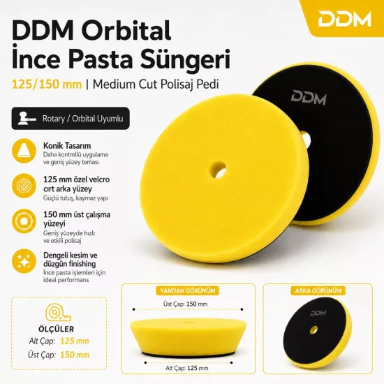 DDM Orbital İnce Pasta Süngeri 125/150 mm | Medium Cut Polisaj Pedi