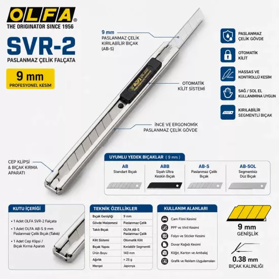 OLFA SVR-2 Paslanmaz Çelik Falçata 9 mm