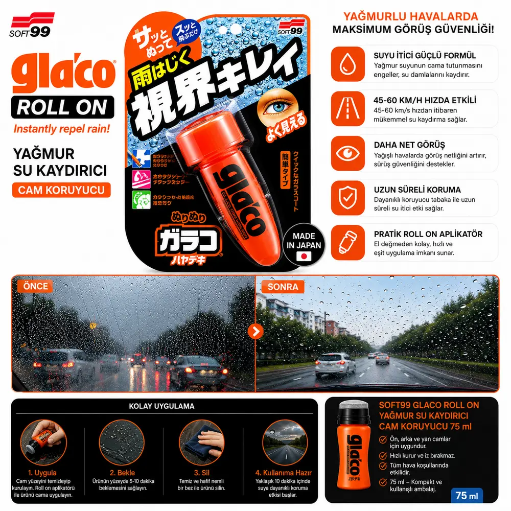 Soft99 Glaco Roll On Yağmur Su Kaydırıcı Cam Koruyucu 75 ml