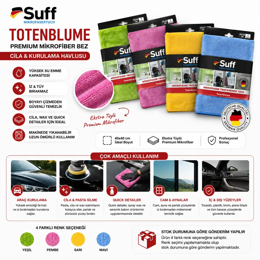 Suff Totenblume Premium Mikrofiber Cila ve Kurulama Bezi 40x40 cm | Alman Üretimi