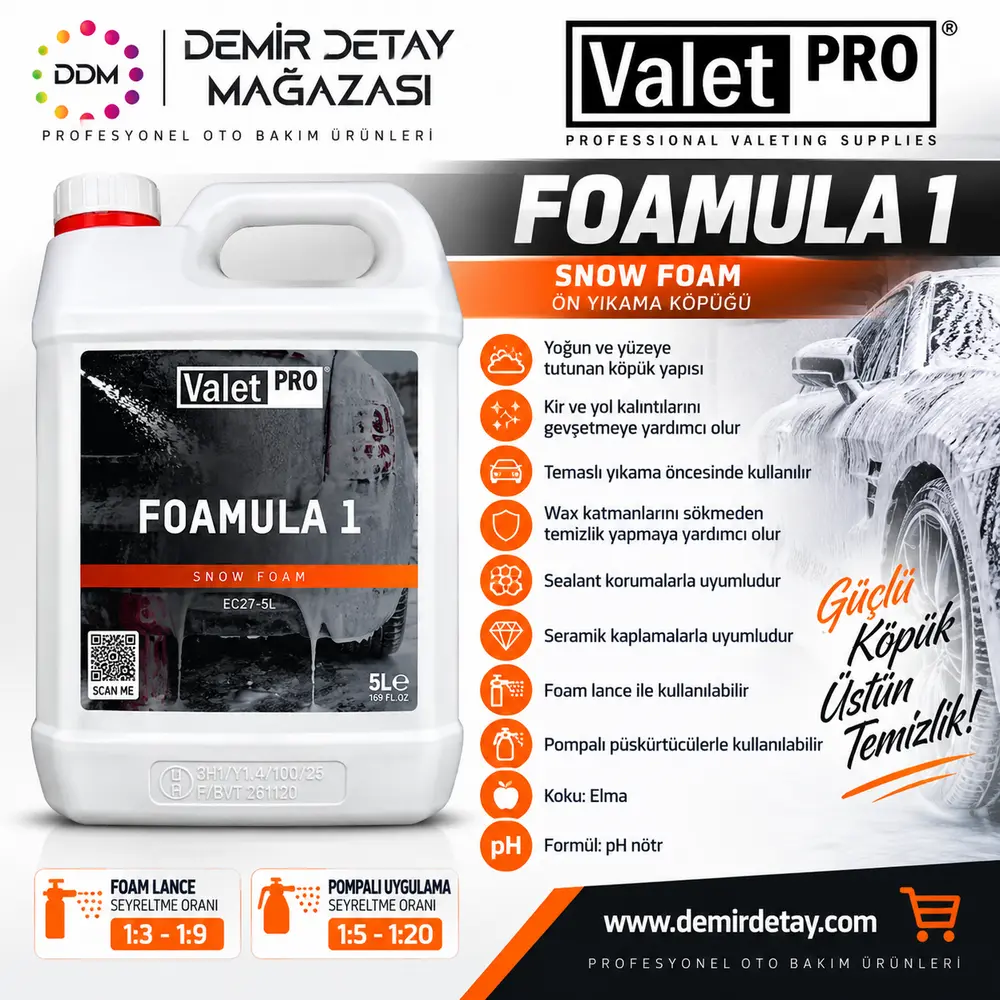 ValetPRO Foamula 1 pH Nötr Snow Foam Yoğun Ön Yıkama Köpüğü 5 L