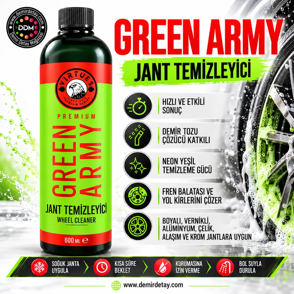 Virtues Premium Green Army Demir Tozu Etkili Jant Temizleyici 600 ml