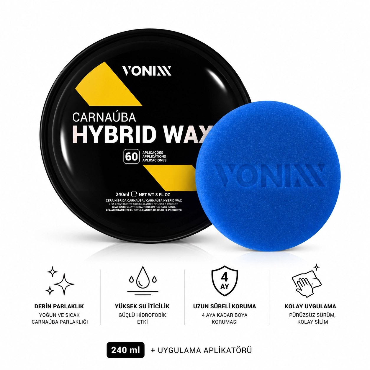Vonixx Hybrid Carnauba Wax – Hibrid Carnauba Katı Wax 240 ml + Uygulama Aplikatörü