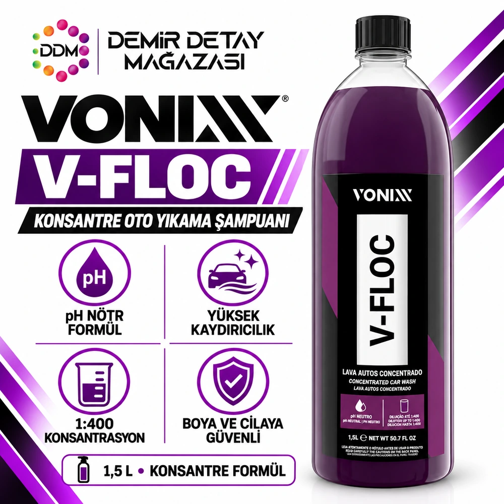 Vonixx V-Floc pH Nötr Oto Yıkama Şampuanı – Yüksek Kayganlık ve Parlaklık 1,5 L
