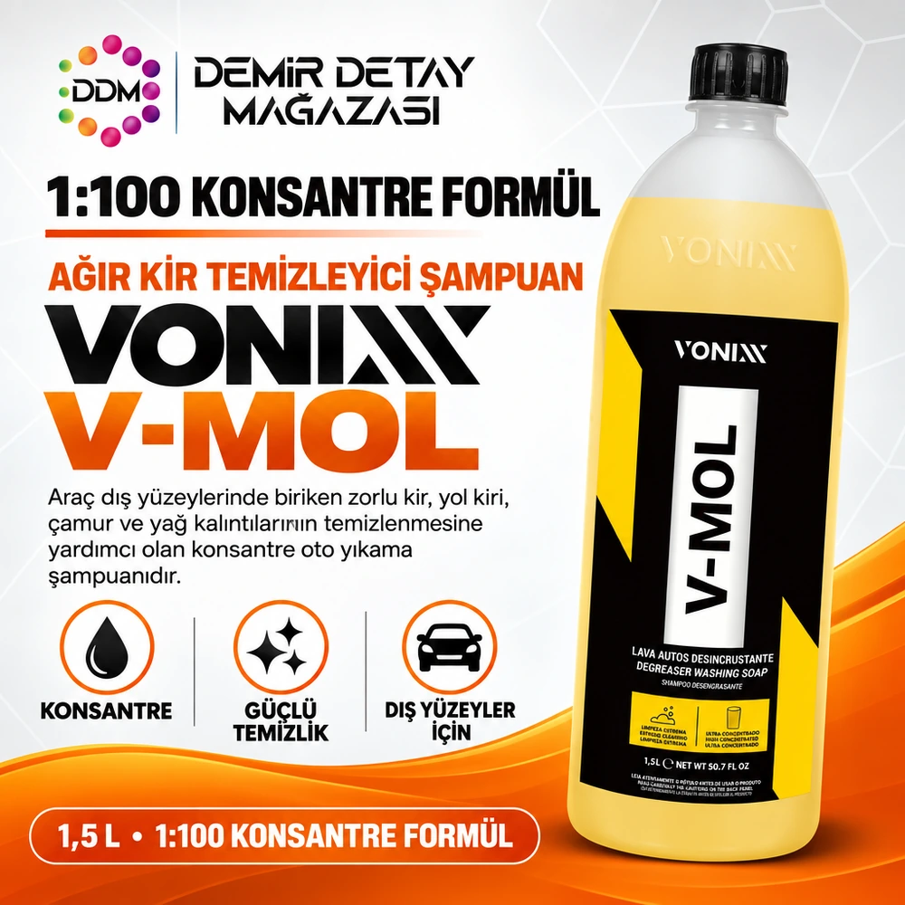 Vonixx V-MOL Konsantre Alkali Oto Şampuanı – Çamur ve Yağ Sökücü – 1,5 L