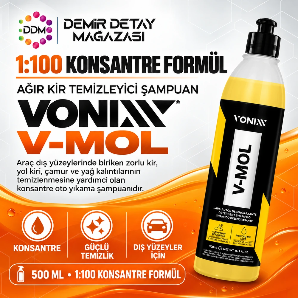 Vonixx V-MOL Güçlü Alkali Oto Şampuanı – Çamur & Yağ Sökücü Ağır Kir Temizleyici – 500 ML