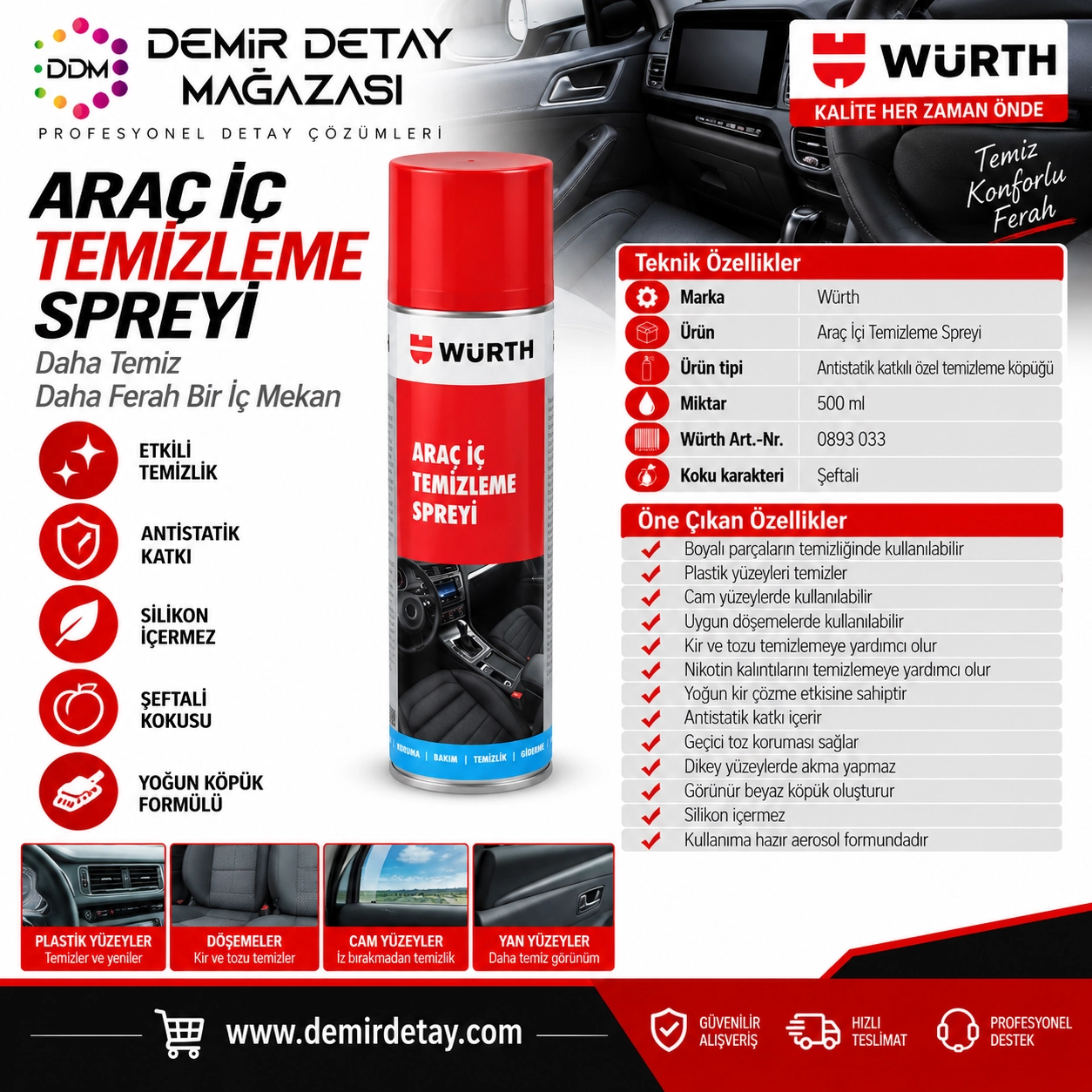 Würth Araç İçi Temizleme Spreyi 500 ml | Antistatik Köpük Temizleyici