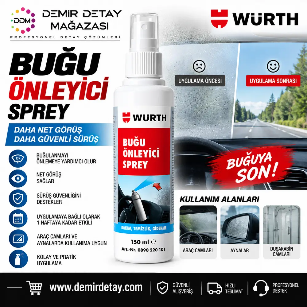 Würth Buğu Önleyici Sprey Anti-Fog 150 ml | Cam ve Ayna Buğu Önleyici