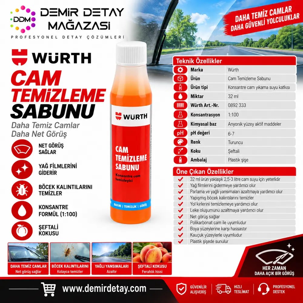 Würth Cam Temizleme Sabunu 32 ml | Konsantre Oto Cam Suyu