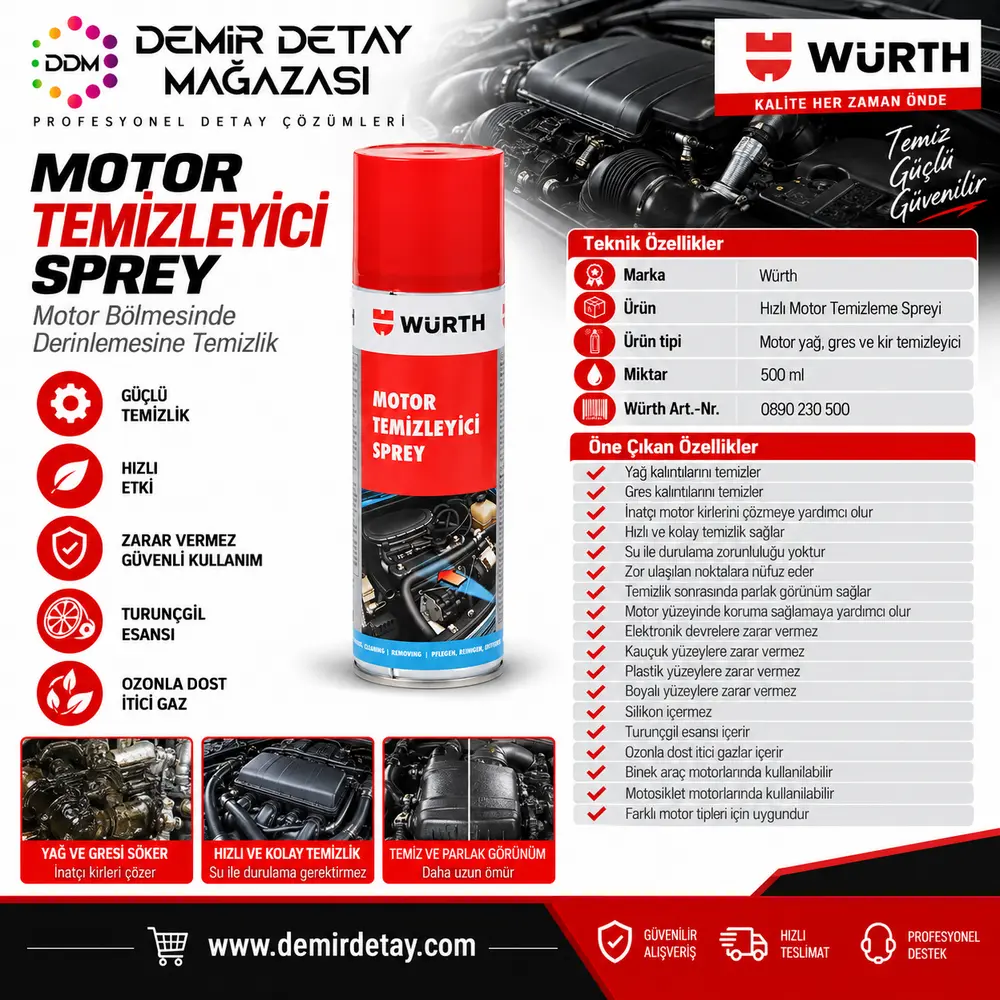 Würth Hızlı Motor Temizleme Spreyi 500 ml | Yağ ve Gres Temizleyici