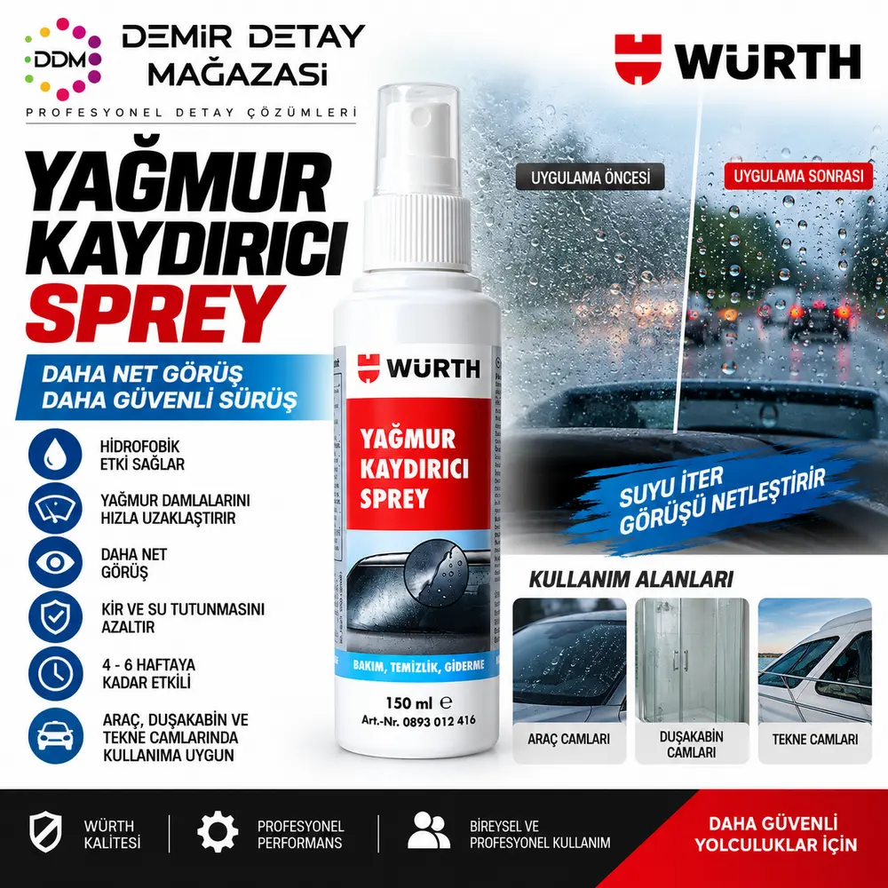Würth Yağmur Kaydırıcı Sprey 150 ml | Cam Su İtici ve Hidrofobik Koruma